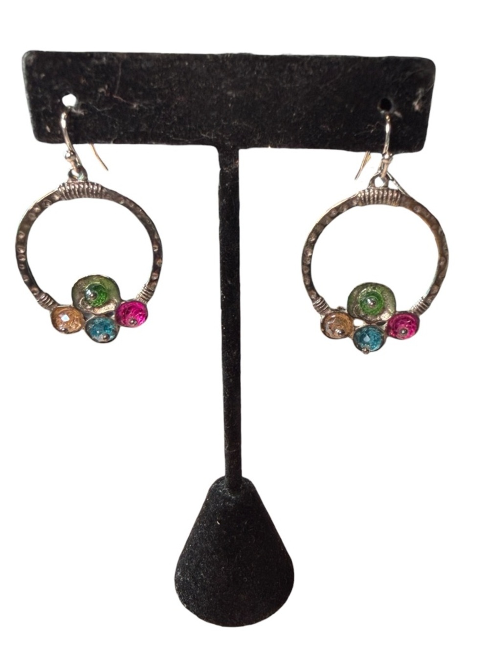 NWT Artisan Hammered Silver Hoop Earrings with Multi-Color Textured Stones